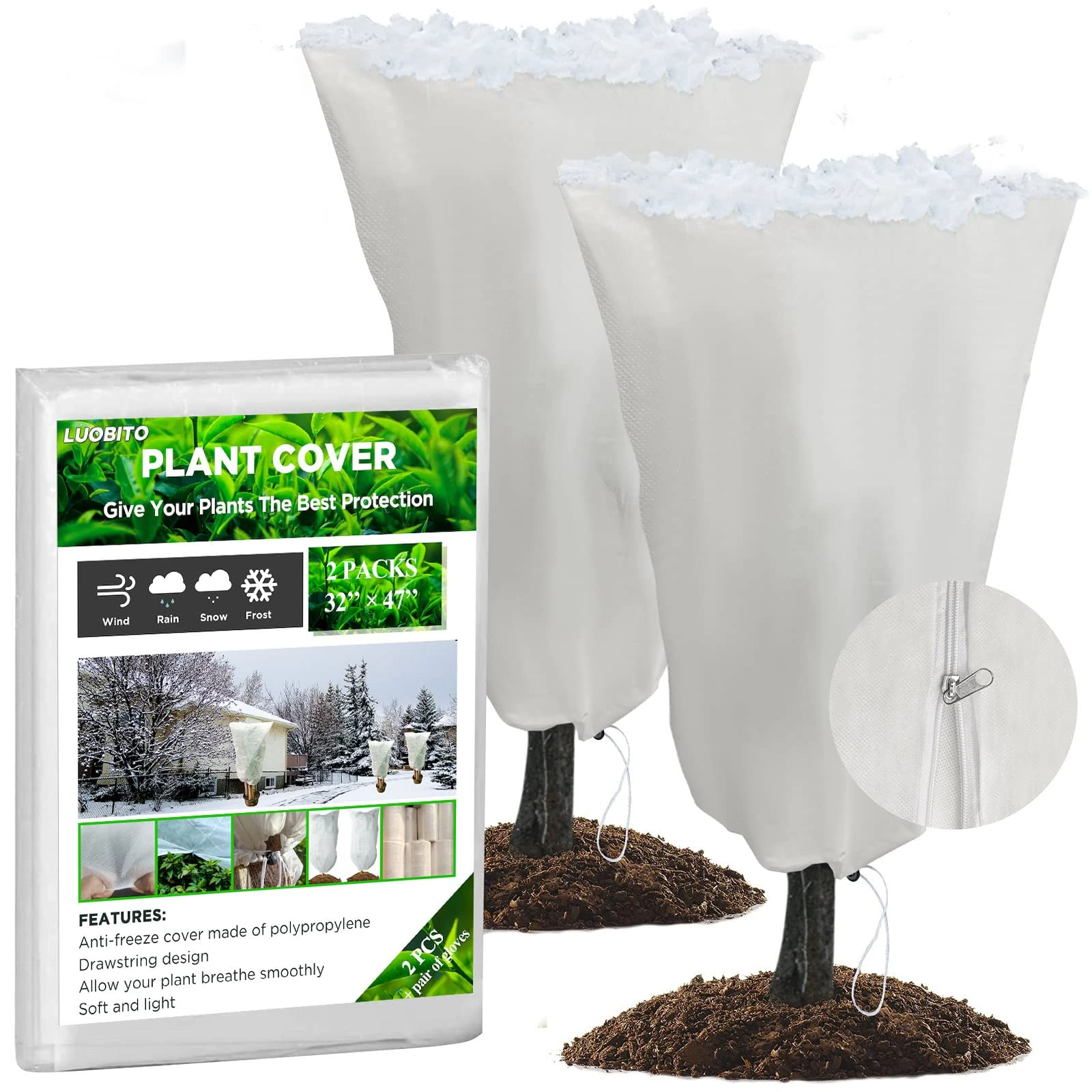 Plant Fleece Frost Protection, Horticultural Fleece with Zip Drawstring, Garden Fleece Bags Winter Plant Covers Protectors for Outdoor Olive Tree Potted Shrub, Beige, 2 Packs 80x120cm