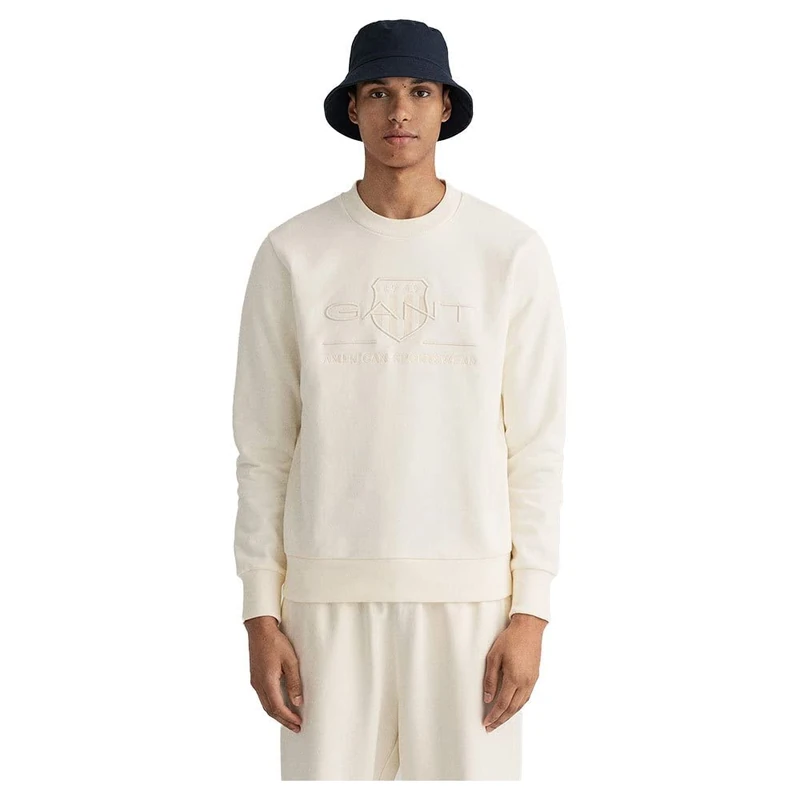 GANT Men's D.1 Tonal Archive Shield C-Neck Pullover Sweater, Eggshell, M