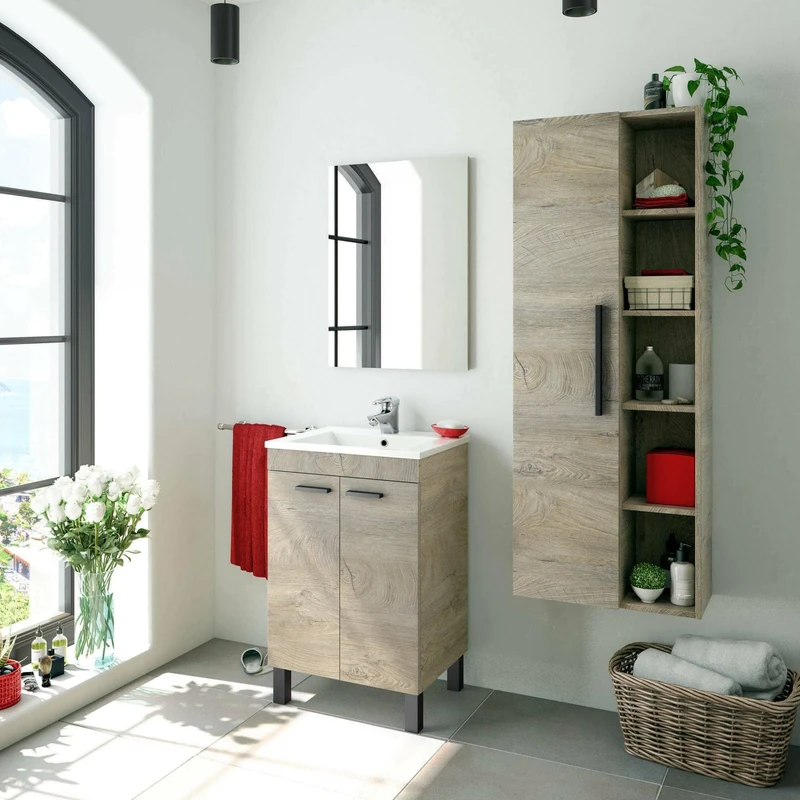 Dmora - Bathroom column LosAngeles, Column cabinet for bathroom with 1 door, Suspended wall cabinet with 5 shelves, 51x25h135 cm, Oak