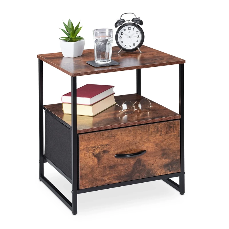 Relaxdays Night Stand, Side Table, Drawer, H x W x D: approx. 50 x 45 x 40 cm, Metal & MDF, Black/Brown, Fibreboard