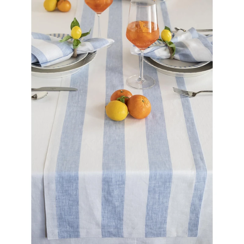 Solino Home Linen Table Runner 90 Inches Long - Cabana Stripe, 100% Pure Linen Sky Blue and White Table Runner 14 x 90 Inch for Dining, Summer
