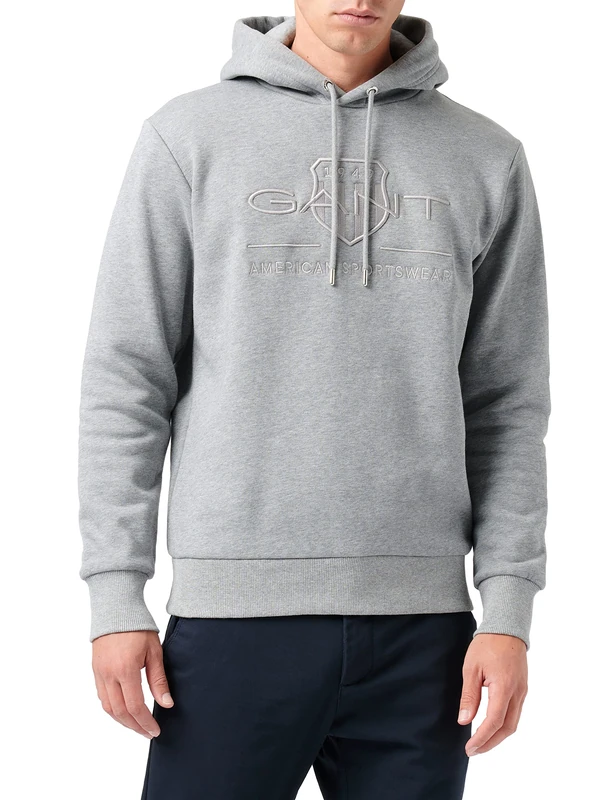GANT Men's REG Tonal Shield Hoodie Hooded Sweatshirt, Grey Melange, M