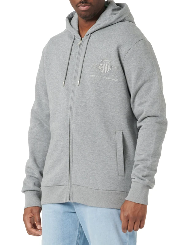 GANT Men's REG Tonal Shield Full Zip Hoodie Hooded Sweatshirt, Grey Melange, M