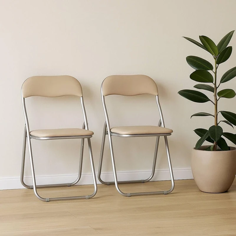 Dmora - Folding chair Marbella, Set of 2 space-saving chairs, Guest chair, Meeting seat in eco-leather, 43x47h80 cm, Beige