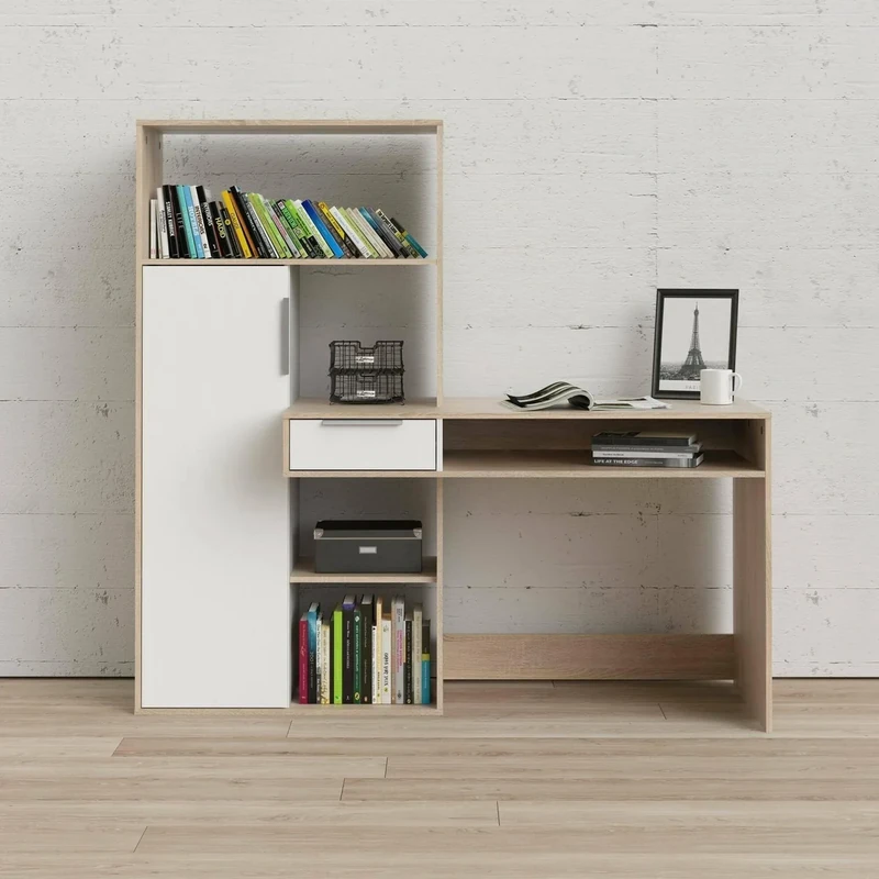 Dmora - Multifunction desk with bookcase, drawer and door, white and oak color, 162 x 155 x 60 cm