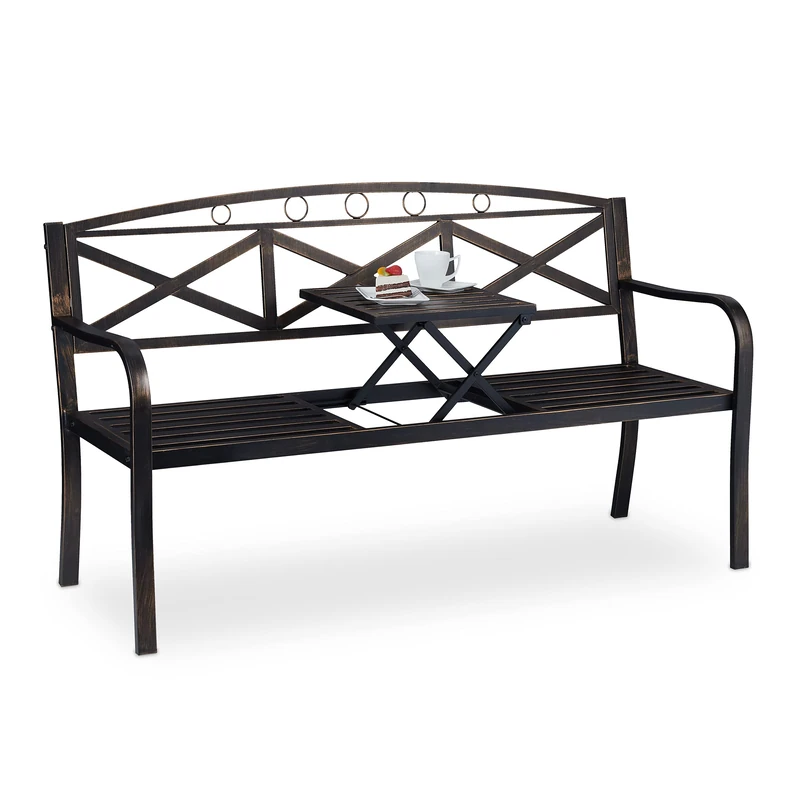 Relaxdays Garden Bench with Folding Table, 2-3 Seater, Metal, Bench Garden & Balcony, HBT: 88 x 150 x 60 cm, Black/Bronze - Image 1