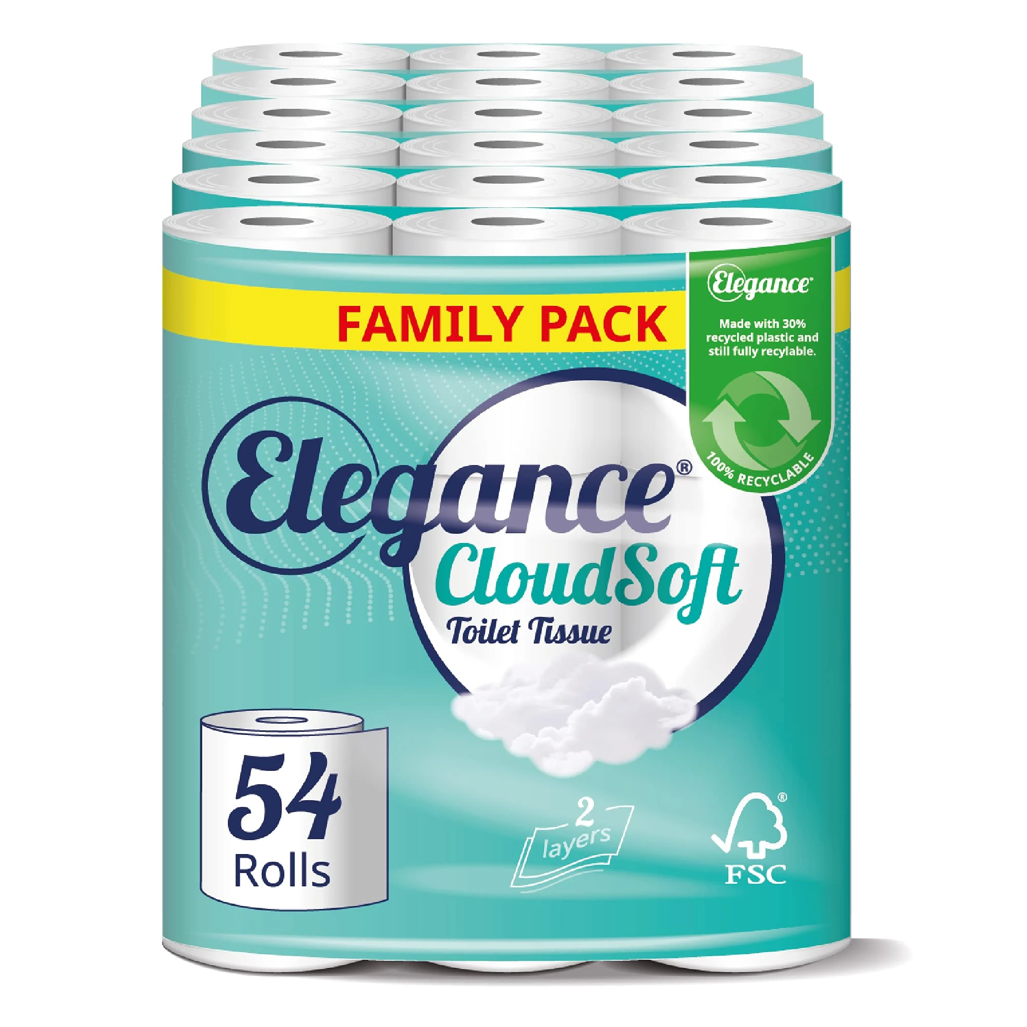 Elegance Cloud Soft Toilet Roll - Bulk Buy Pack of 54 Rolls - Soft, 2-Ply, Recycled, Eco-Friendly, UK Manufactured