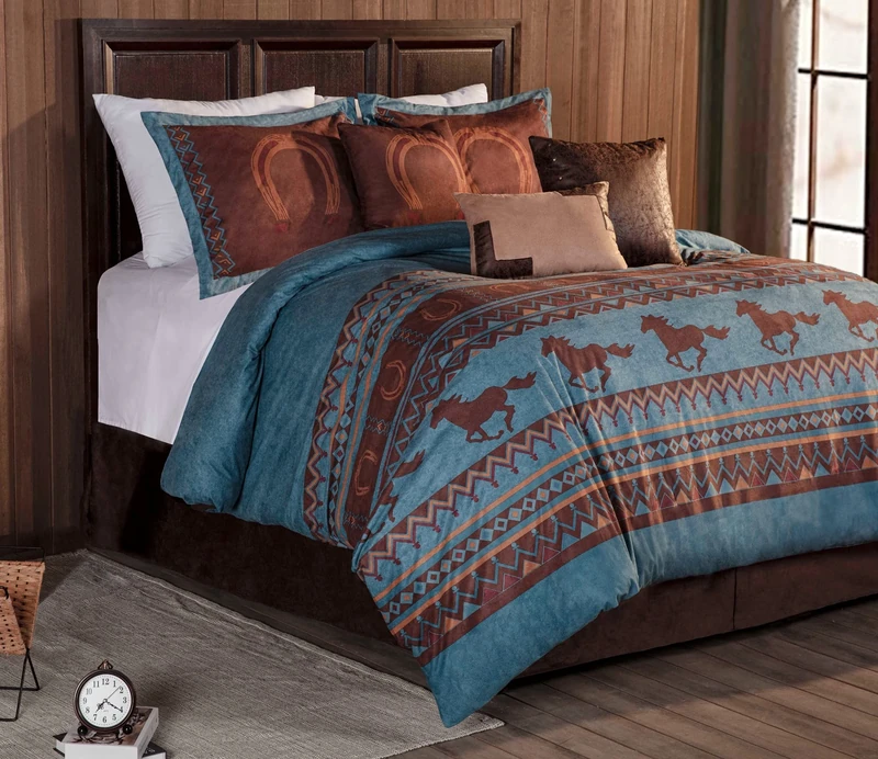 Chezmoi Collection Sedona 7-Piece Southwestern Wild Horses Microsuede Bedding Comforter Set, California King, Turquoise Blue