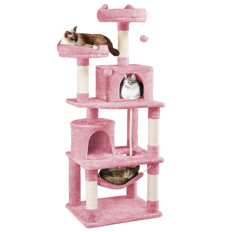 Yaheetech 158cm Multi-Level Cat Tree Tower Large Kitten Scratching Posts with Condos/Perches/Hammock Broad-Space Kitten Activity Centre, Pink