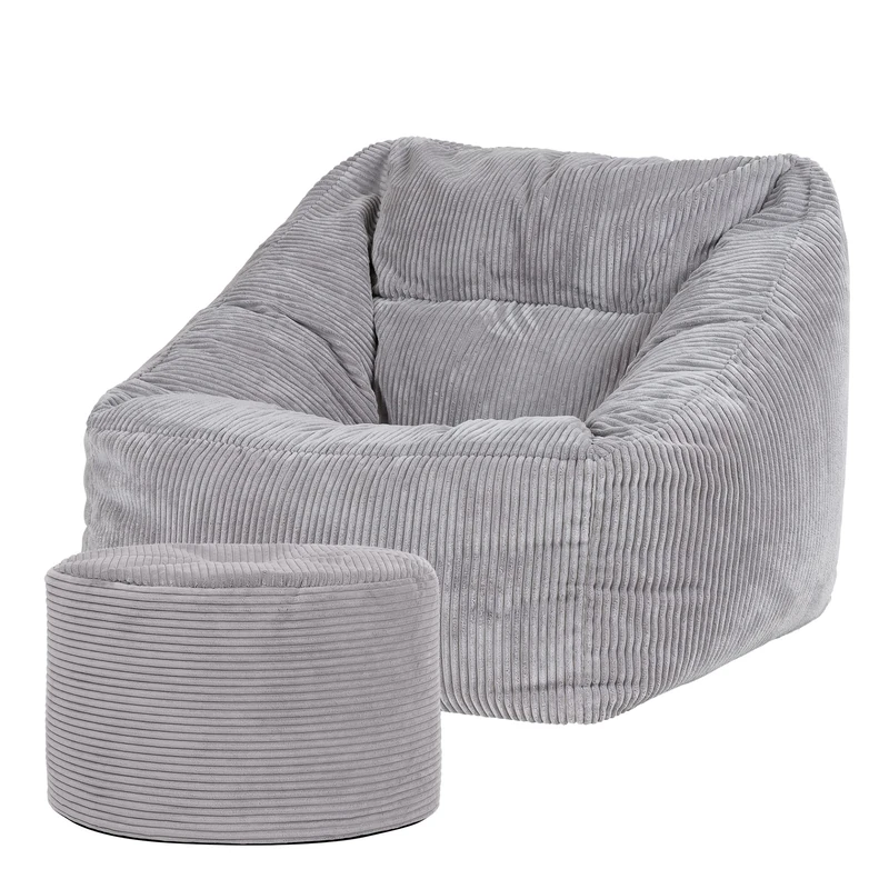 icon Natalia Cord Bean Bag Chair with Pouffe, Grey, Large Adult Bean Bag with Filling Included, Comfy Chair, Armchair, Living Room, Living Room Furniture, Bedroom Furniture