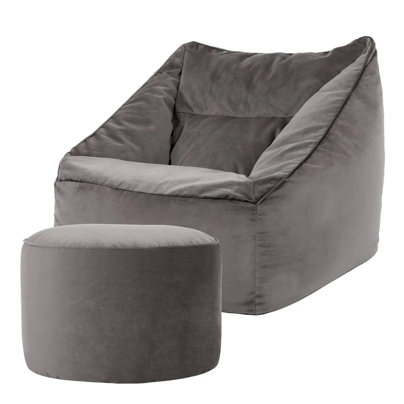 icon Natalia Velvet Bean Bag Chair with Pouffe, Charcoal Grey, Large Adult Bean Bag with Filling Included, Accent Chair, Armchair, Living Room Furniture, Bedroom Furniture