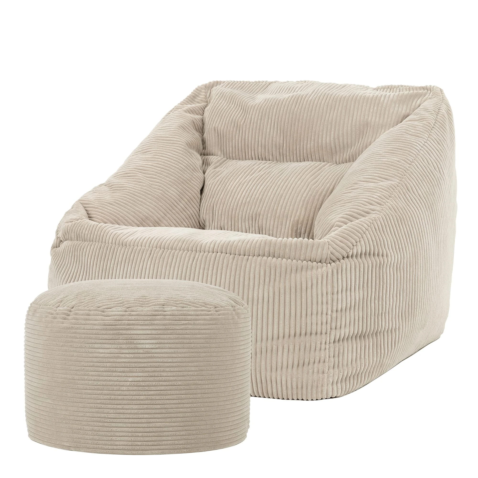 icon Natalia Cord Bean Bag Chair with Pouffe, Beige, Large Adult Bean Bag with Filling Included, Comfy Chair, Armchair, Living Room, Living Room Furniture, Bedroom Furniture