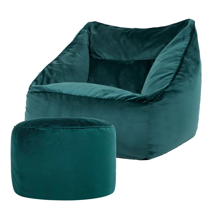 icon Natalia Velvet Bean Bag Chair with Pouffe, Teal Green, Large Adult Bean Bag with Filling Included, Accent Chair, Armchair, Living Room Furniture, Bedroom Furniture