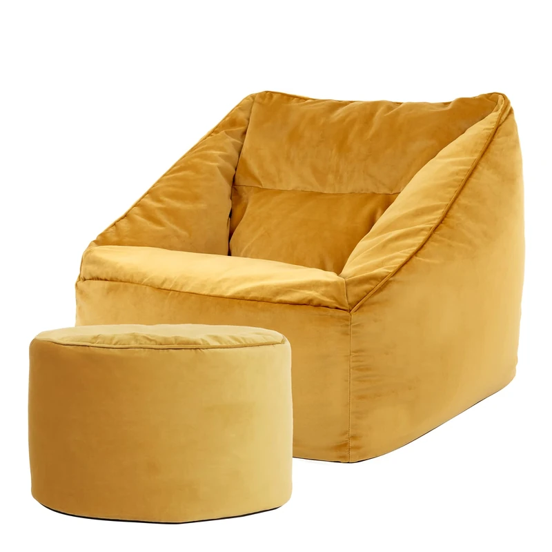 icon Natalia Velvet Bean Bag Chair with Pouffe, Ochre Yellow, Large Adult Bean Bag with Filling Included, Accent Chair, Armchair, Living Room Furniture, Bedroom Furniture
