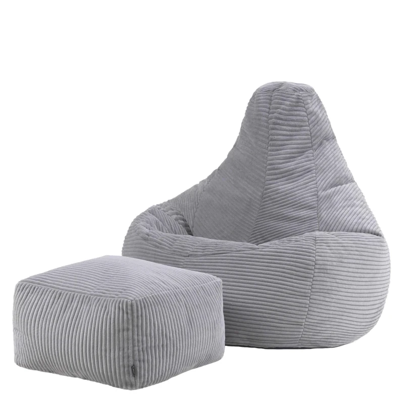 icon Dalton Cord Bean Bag Chair with Footstool, Grey, Large Adult Bean Bag with Filling Included, Comfy Chair, Living Room Furniture, Bedroom Furniture