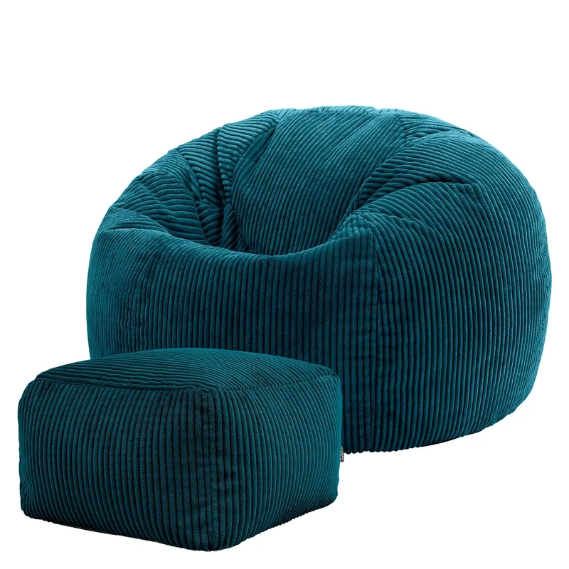 icon Kingston Cord Bean Bag with Footstool, Teal Green, Large Adult Bean Bag Chair with Filling Included, Comfy Chair, Pouffe Footstool, Living Room Furniture, Bedroom Furniture