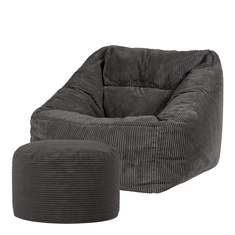 icon Natalia Cord Bean Bag Chair with Pouffe, Charcoal Grey, Large Adult Bean Bag with Filling Included, Comfy Chair, Armchair, Living Room, Living Room Furniture, Bedroom Furniture