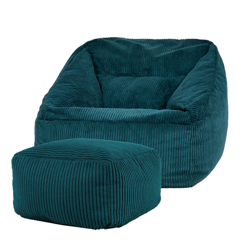 icon Natalia Cord Bean Bag Chair with Footstool, Teal Green, Large Adult Bean Bag with Filling Included, Comfy Chair, Armchair, Living Room, Living Room Furniture, Bedroom Furniture