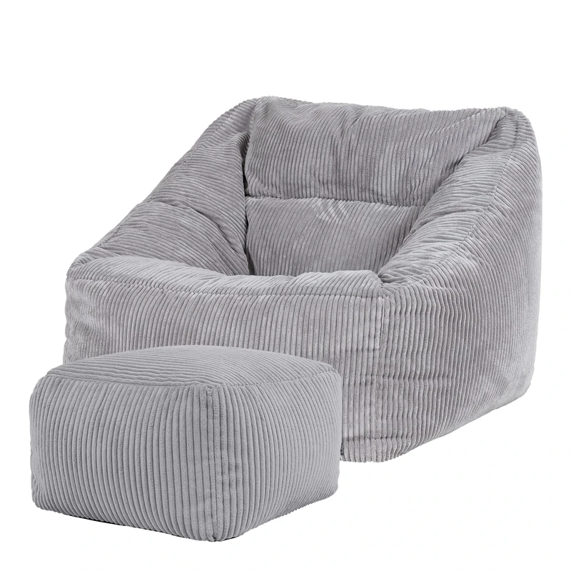 icon Natalia Cord Bean Bag Chair with Footstool, Grey, Large Adult Bean Bag with Filling Included, Comfy Chair, Armchair, Living Room, Living Room Furniture, Bedroom Furniture