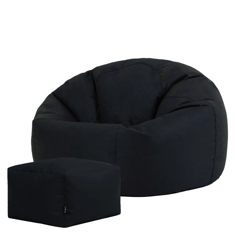 Bean Bag Bazaar Kingston Outdoor Beanbag and Footstool, Black, Water Resistant Fabric, Large Bean Bag with Filling Included, Floor Chair, Garden Chair, Outdoor Seating, Garden Furniture
