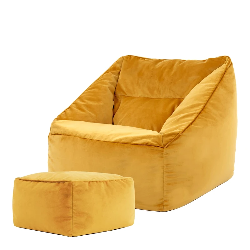 icon Natalia Velvet Bean Bag Chair with Footstool, Ochre Yellow, Large Adult Bean Bag with Filling Included, Accent Chair, Armchair, Living Room Furniture, Bedroom Furniture