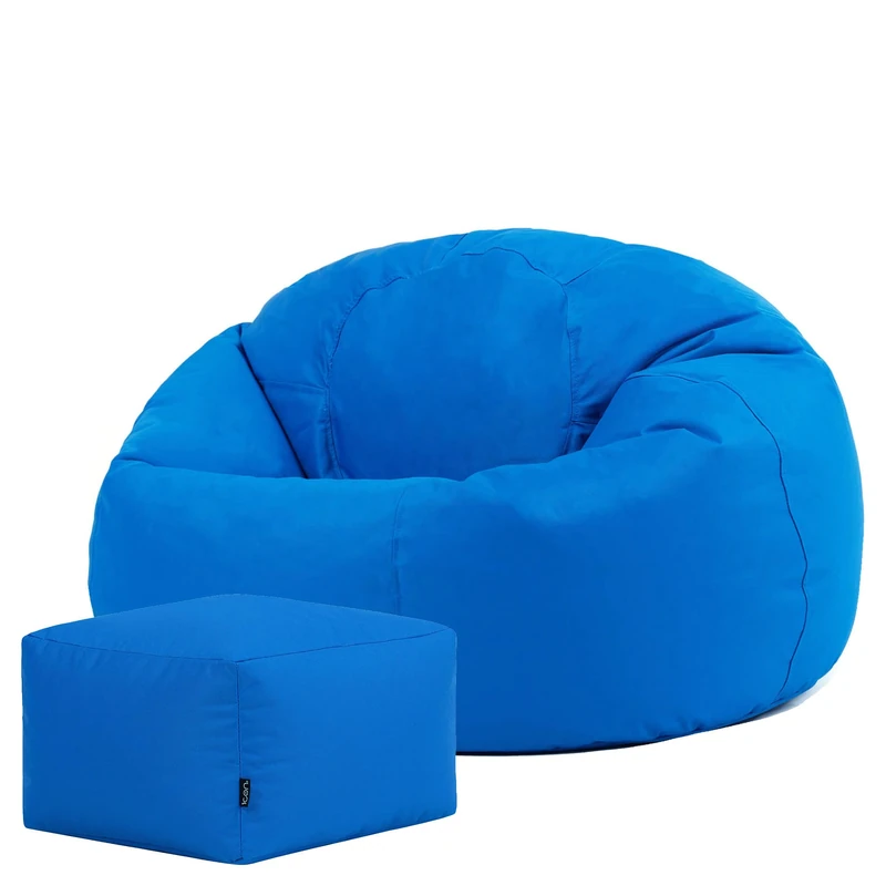 Bean Bag Bazaar Kingston Outdoor Beanbag and Footstool, Blue, Water Resistant Fabric, Large Bean Bag with Filling Included, Floor Chair, Garden Chair, Outdoor Seating, Garden Furniture