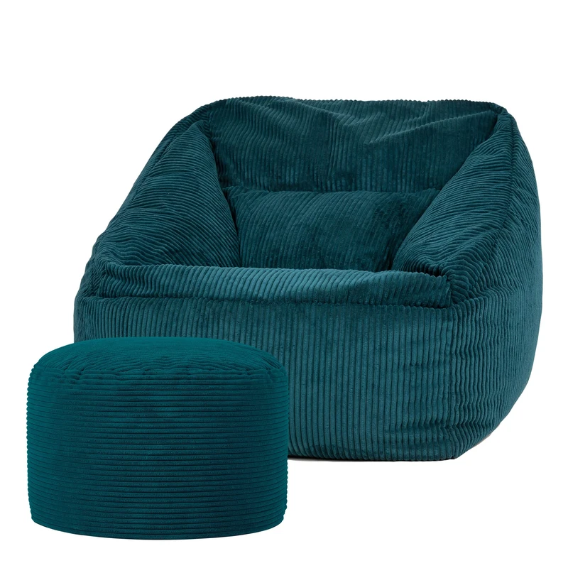icon Natalia Cord Bean Bag Chair with Pouffe, Teal Green, Large Adult Bean Bag with Filling Included, Comfy Chair, Armchair, Living Room, Living Room Furniture, Bedroom Furniture