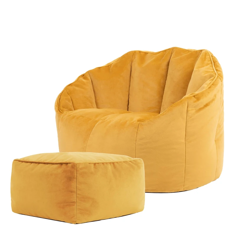 icon Sirena Velvet Bean Bag Chair with Footstool, Ochre Yellow, Large Adult Bean Bag with Filling Included, Accent Chair, Living Room Furniture, Bedroom Furniture