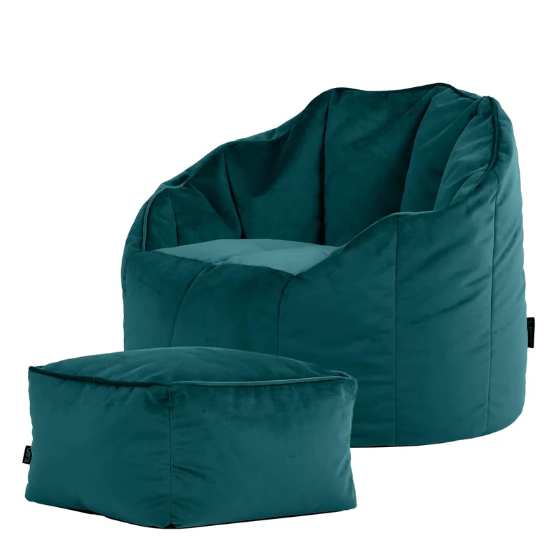 icon Sirena Velvet Bean Bag Chair with Footstool, Teal Green, Large Adult Bean Bag with Filling Included, Accent Chair, Living Room Furniture, Bedroom Furniture