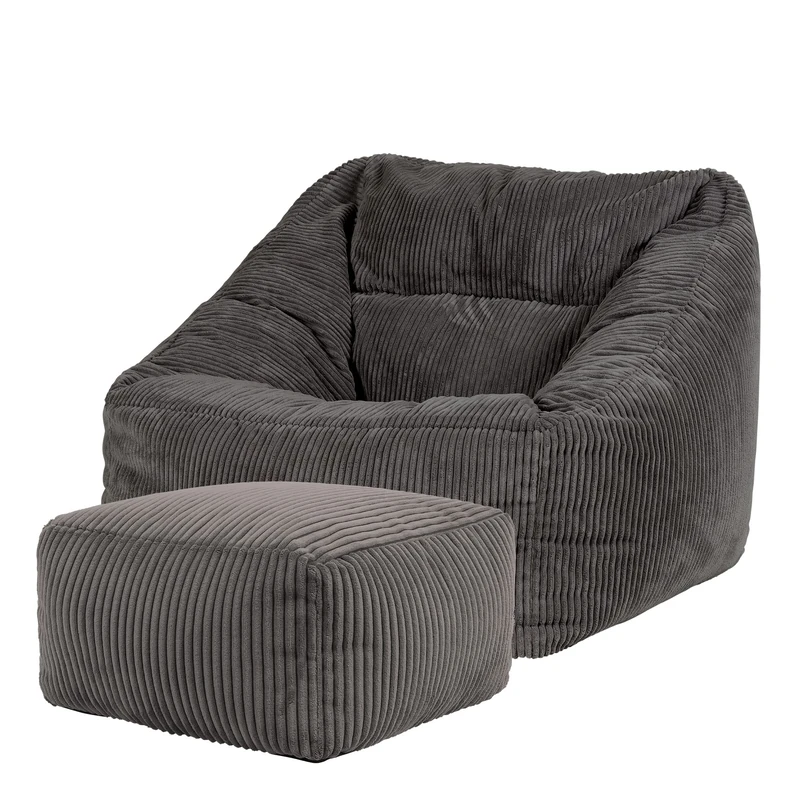 icon Natalia Cord Bean Bag Chair with Footstool, Charcoal Grey, Large Adult Bean Bag with Filling Included, Comfy Chair, Armchair, Living Room, Living Room Furniture, Bedroom Furniture