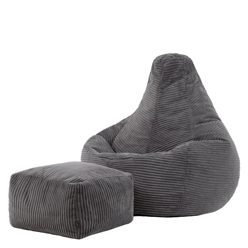 icon Dalton Cord Bean Bag Chair with Footstool, Charcoal Grey, Large Adult Bean Bag with Filling Included, Comfy Chair, Living Room Furniture, Bedroom Furniture