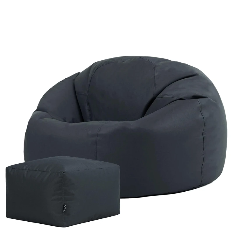 Bean Bag Bazaar Kingston Outdoor Beanbag and Footstool, Charcoal Grey, Water Resistant Fabric, Large Bean Bag with Filling Included, Floor Chair, Garden Chair, Outdoor Seating, Garden Furniture