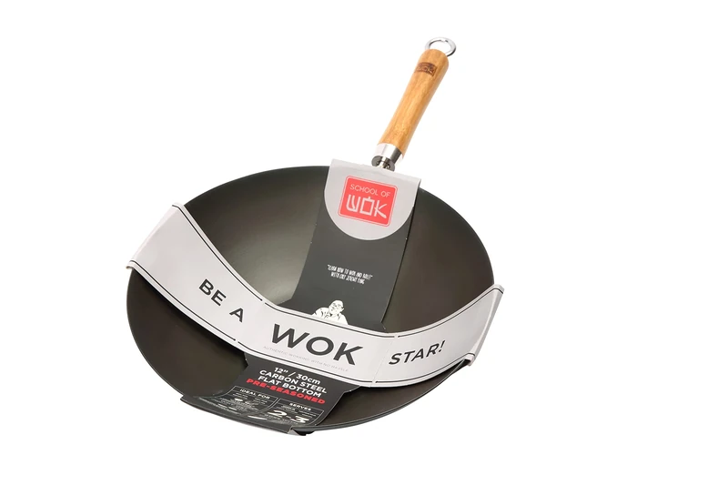 School of Wok - 12"/30cm Pre-Seasoned Carbon Steel Flat Bottom Wok with Bamboo Handle