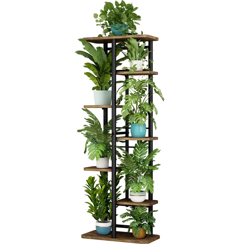 LINZINAR Plant Stand 7 Tier 8 Potted Multiple Flower Pot Holder Shelf Indoor Outdoor Planter Rack Storage Organizer for Patio Garden Corner Balcony Living Room (7 Tier-8 Potted, Black)