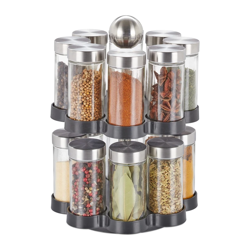 Relaxdays Spice Rack, 16 Glass Jars, Rotatable, Stainless Steel, H x D: Approx. 25 x 17.5 cm, Silver/Black