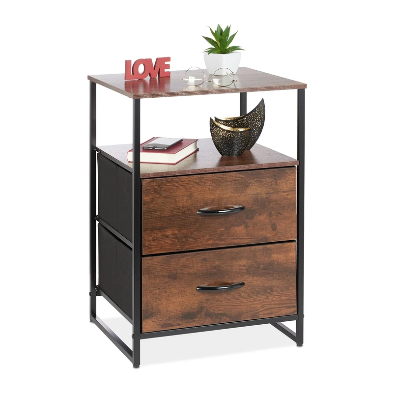 Relaxdays Night Stand, Side Table, 2 Drawers, H x W x D: approx. 70 x 45 x 40 cm, Metal & MDF, Black/Brown