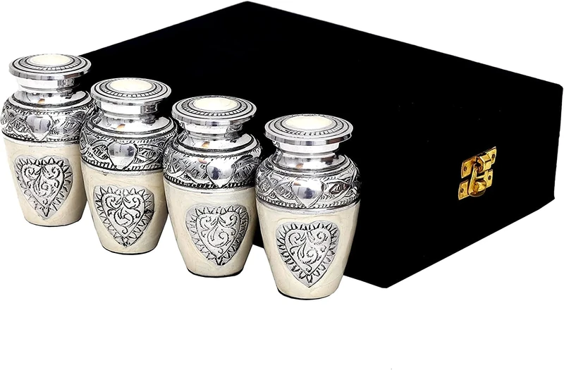 HLC URNS Lovely Silver Heart Cremation Urn Set of 4 - Keepsake for Human Ashes With Velvet Box & 4 Bags - Mini Affordable Urn (3.5 cu.in)