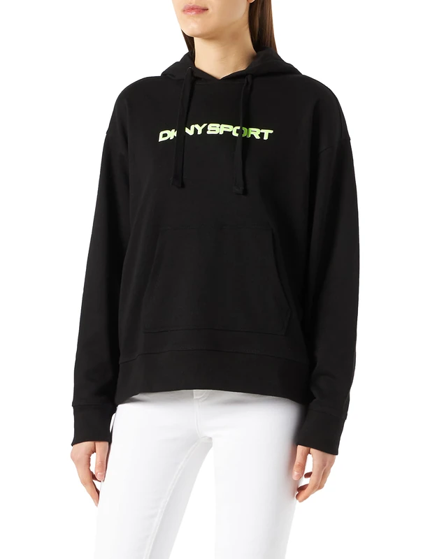 DKNY SPORT Women's Women's Layered Shadow Logo Pull Over Hoodie Shirt, Black, Large