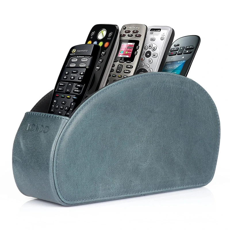 LONDO Remote Control Holder with 5 Pockets - Store DVD, Blu-Ray, TV, Roku or Apple TV Remotes - Real Leather with Suede Lining - Slim, Compact Living or Bedroom Storage