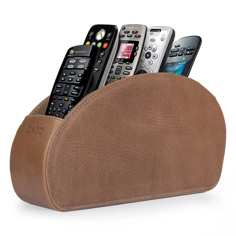 LONDO Remote Control Holder with 5 Pockets - Store DVD, Blu-Ray, TV, Roku or Apple TV Remotes - Real Leather with Suede Lining - Slim, Compact Living or Bedroom Storage