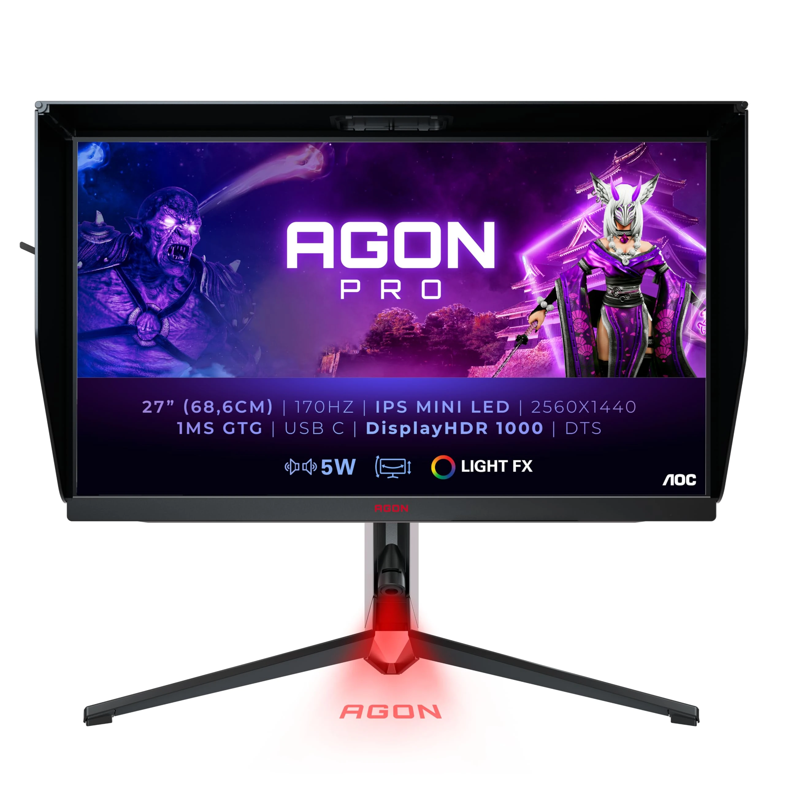 AOC AGON AG274QXM - 27 Inch QHD Gaming Monitor, 170Hz, IPS, 1ms, Mini LED, RGB design, HDR 1000, KVM, Height Adjust, Speakers (2560x1440 @ 170Hz, 600 cd/m² HDMI 2.0 / DP 1.4 / USB-C), black