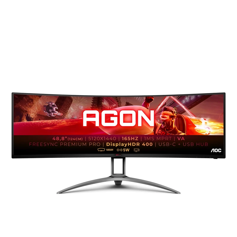 AOC AGON AG493UCX2 -49 Inch Dual QHD Curved Gaming Monitor, VA, 4ms GTG, Height Adjust, USB Hub, FreeSync Premium, Speakers (5120 x 1440 @ 165Hz, 400 cd/m²,HDMI 2.0 / DP 1.4 / USB-C / USB 3.2)