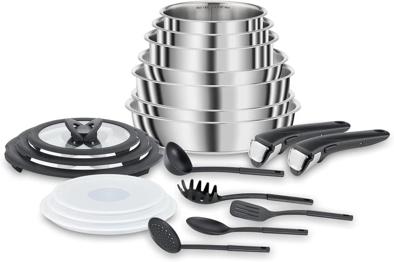 Lagostina Ingenio INOX 20-Piece Stainless Steel Cookware Set, Suitable for Induction, Cookware Set with 3 Casseroles, 3 Pans, Saucepans, 6 Lids, 5 Kitchen Utensils, 2 Removable Handles