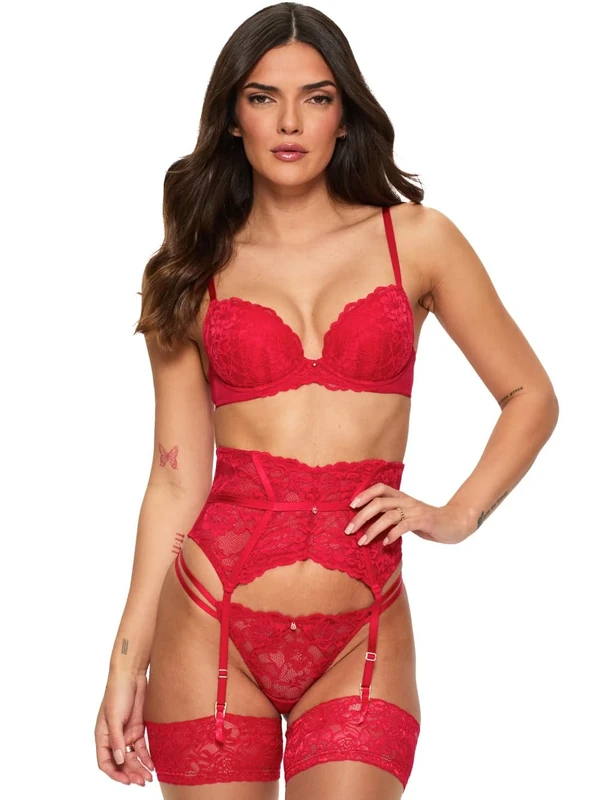 Ann Summers Sexy Lace Padded Plunge Bra Curve-Enhancing Womens Underwear with Padded Cups & Underwire, Removable Mini Pads for Smaller Sizes, Adjustable Straps Red