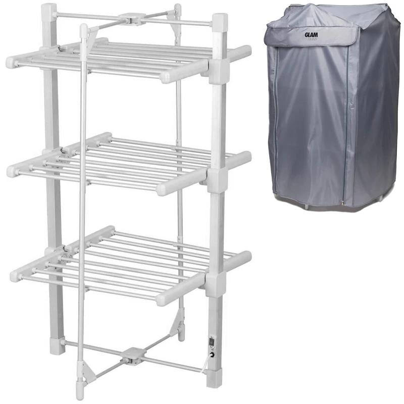 GlamHaus Electric Heated Clothes Airer Dryer Rack Aluminium with Cover Indoor - Folds Flat for Easy Storage - 3 Tier Design - Only 220W