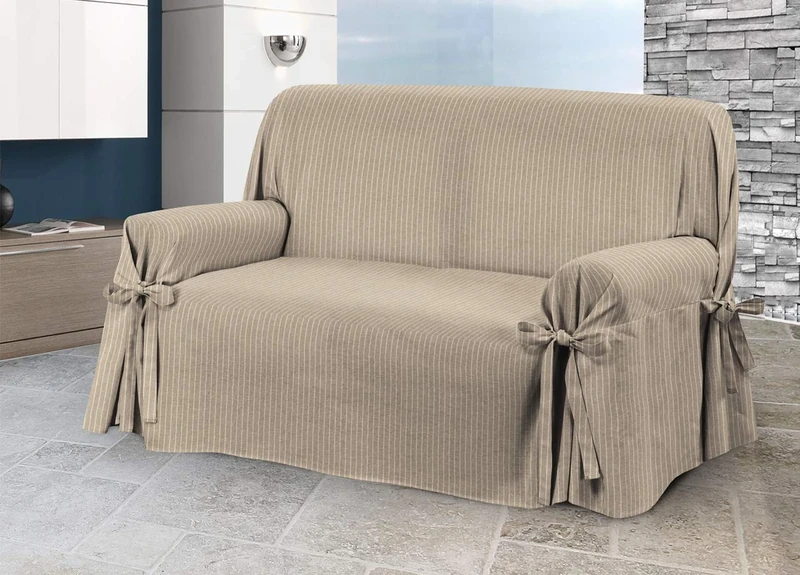 BIANCHERIAWEB Sofa Cover with Tie Bow, Cover for Sofa, Sofa Cover, Made in Italy, 3 Seater Lord Beige Colour