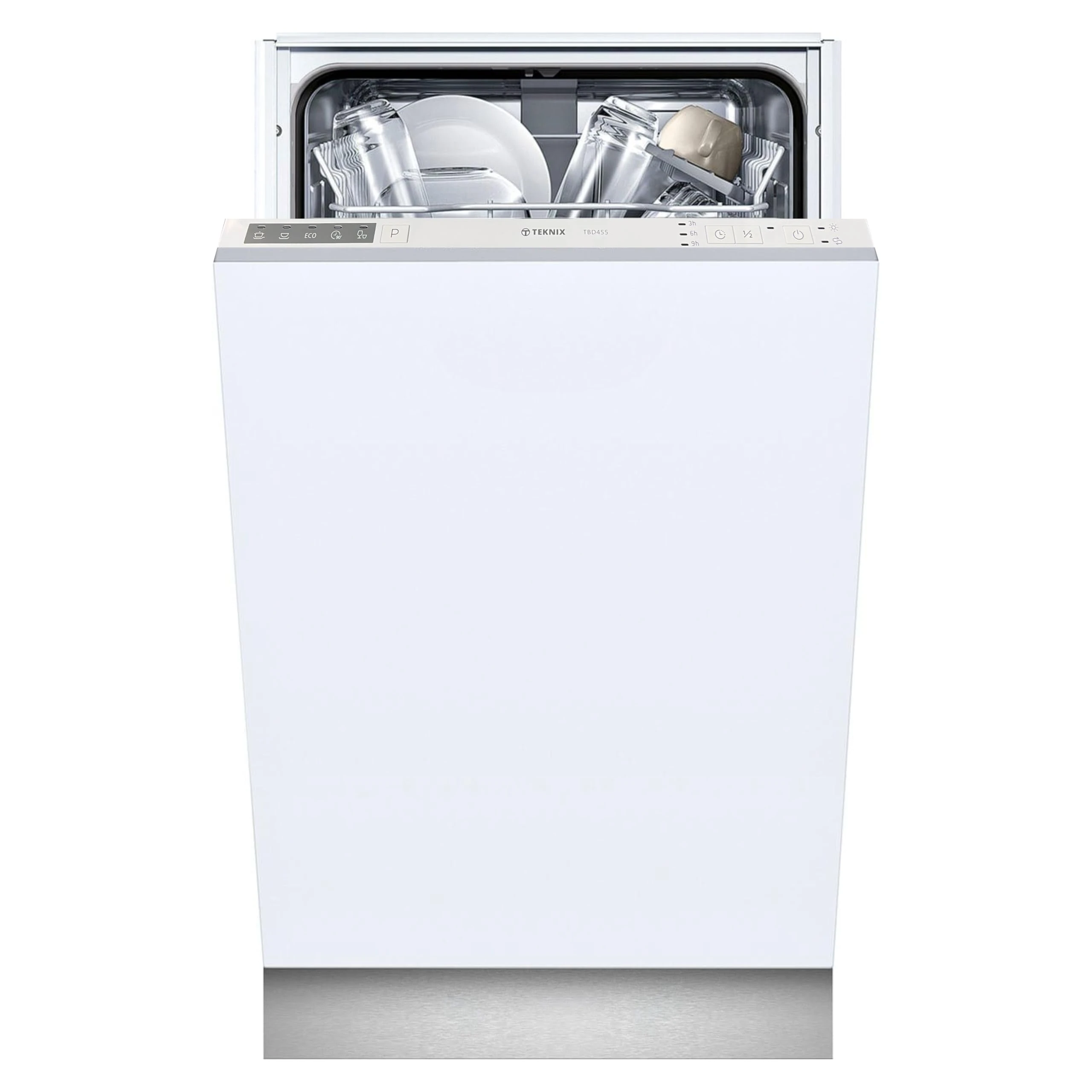 Teknix TBD455 Slimline Integrated Dishwasher 45cm with 10 place settings, 5 Wash Programmes, LED Control Panel and a Delay Timer, Stainless Steel - H81.5 x W44.5 x D55.0 (cm)