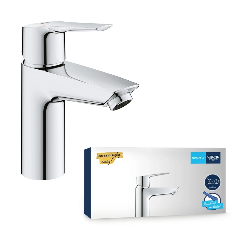 GROHE QUICKFIX Start - Wash Basin Mixer Tap (Metal Lever, Smooth Body, 28 mm Ceramic Cartridge, Min. Recommended Pressure 0.4 Bar, Tails 1/2 Inch), Size 165 mm, Quick Tool Included, Chrome, 24166003