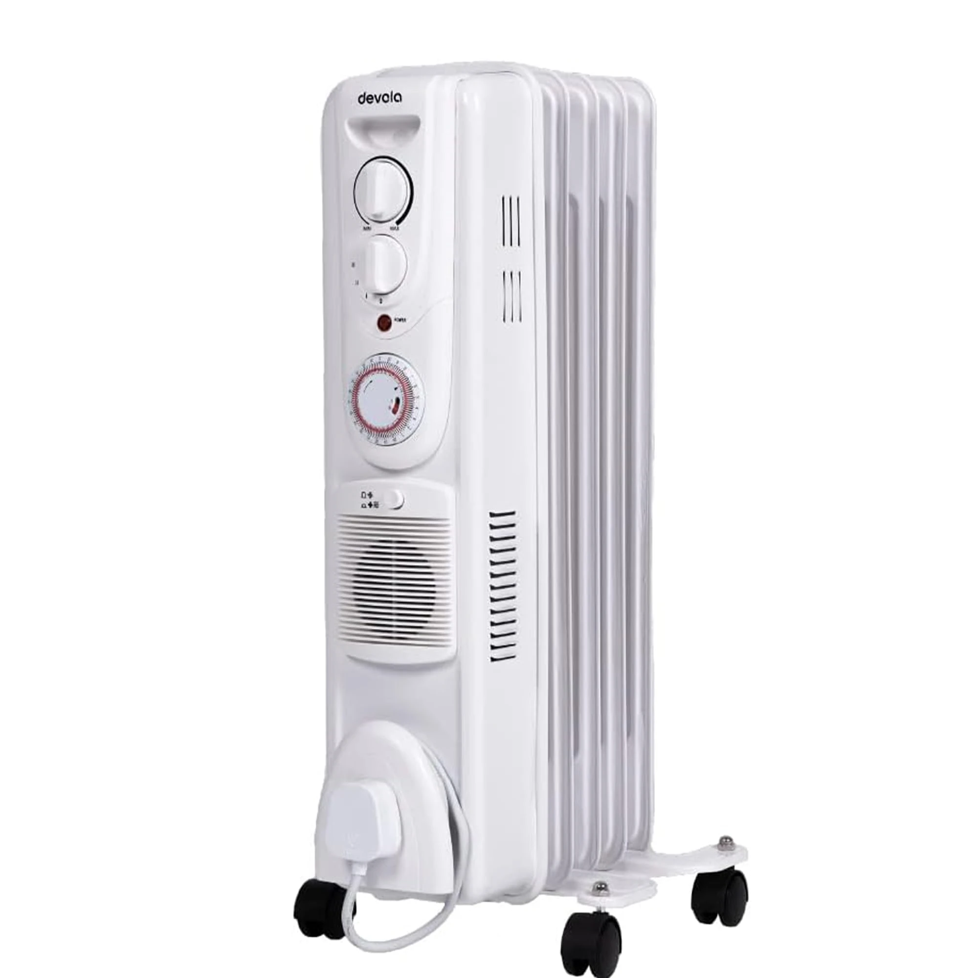 Devola 1500W 5 Fin Oil Filled Radiator, Low Energy Electric Heater with Thermal Fuse for Overheat Cut Off, Adjustable Heating Dial, Turbo Heating Option via PTC Fan, 24 Hour Timer - DVSOR5F15W (White)