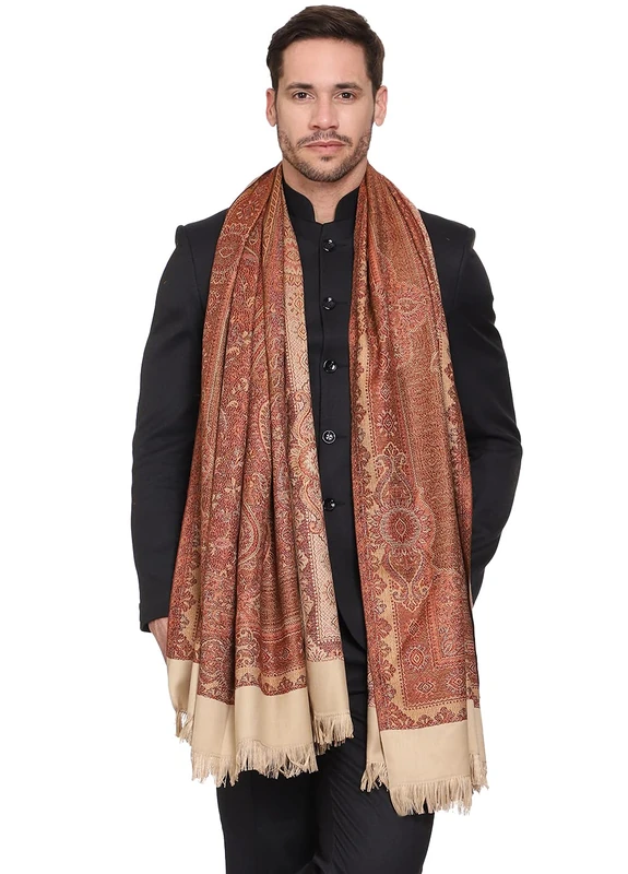 Weavers Villa Men's Paisley Design Woven Poly Wool Blend Gents Shawls, Muffler, Stoles for Men, Beige, Large